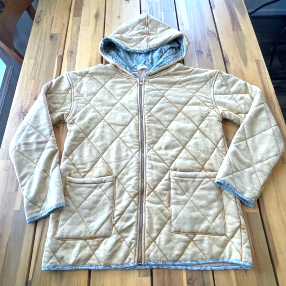 Hem & Thread Womens Yellow Quilted Full Zip Jacket Green Paisley Hood Size Med‎